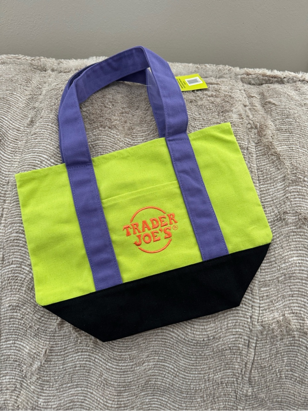 Trader Joe's Lime Green & Purple Canvas Tote with Black Base